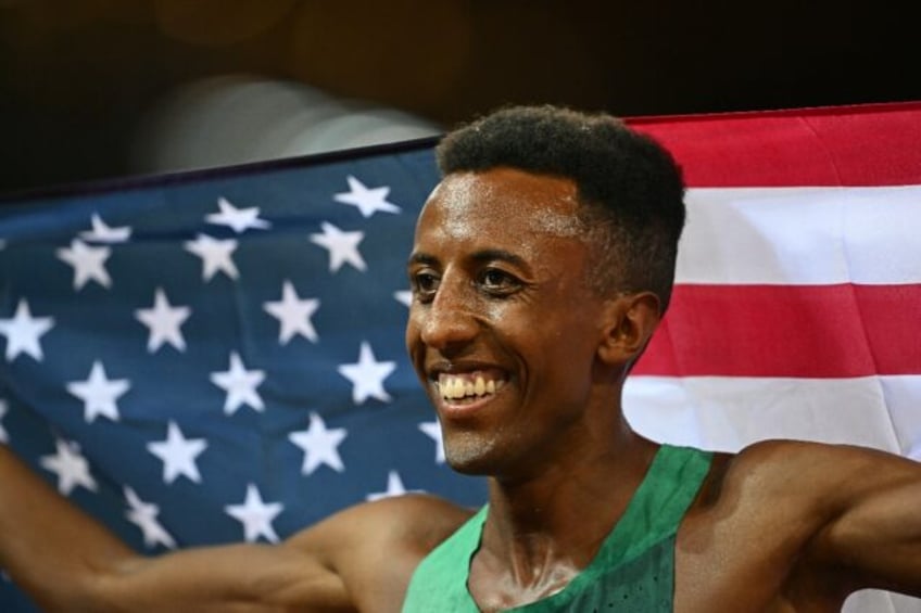 American Yared Nuguse celebrates after winning the men's 1500m in Zurich