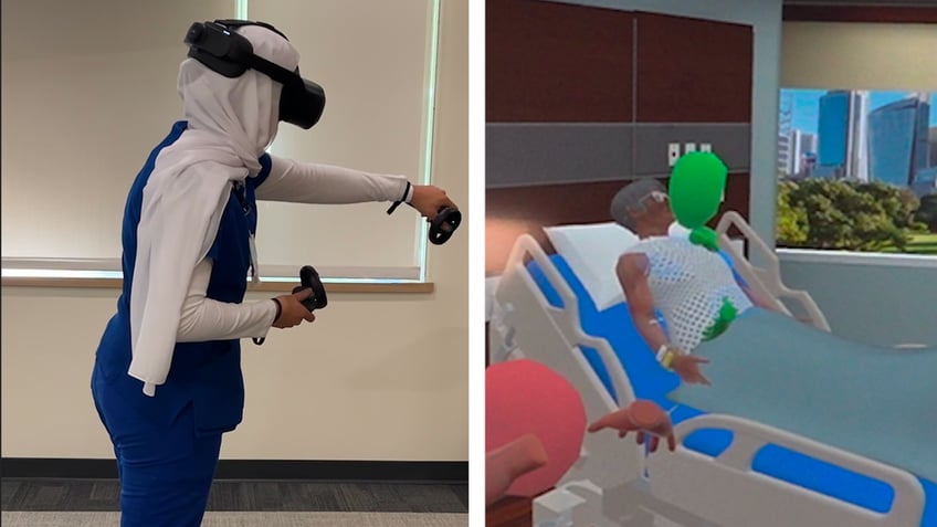 Nursing students at Goldfarb School of Nursing practice clinical skills using virtual reality headsets in a classroom.