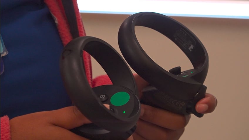 Close-up of virtual reality controllers used by nursing students for clinical skills training at Goldfarb School of Nursing