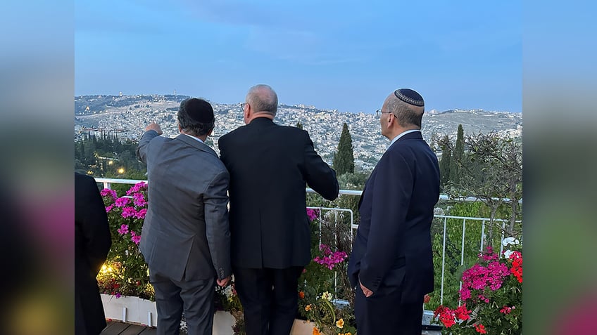 Cardinal Dolan (center) along with Cardinal Pizzaballa, Latin Patriarch of Jerusalem, Rabbi Marens of American Jewish Committee