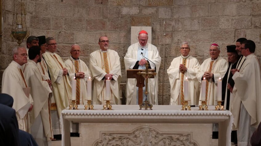 Cardinal Dolan leading mass at the Our Lady of Peace chapel in the Notre Dame of Jerusalem Center April 13, 2024