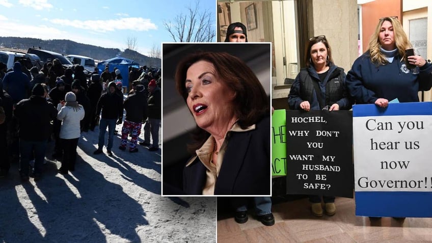 Gov. Hochul, inset; prison guard protesters in other photos