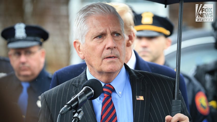 Nassau County Executive Bruce Blakeman speaks while attending the wake of NYPD officer Jonathan Diller alongside former President Donald Trump