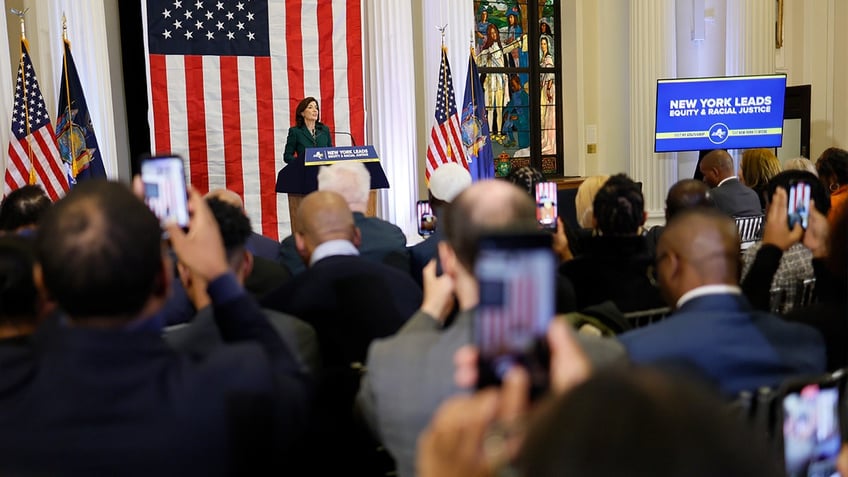 New York Gov. Kathy Hochul speaking at a press conference