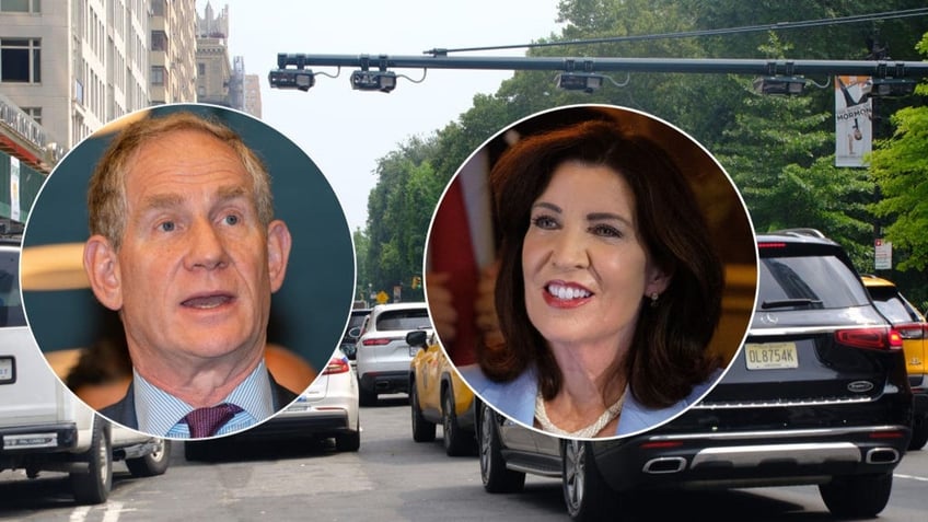 city traffic in main image; inset photos show Lieber and Hochul