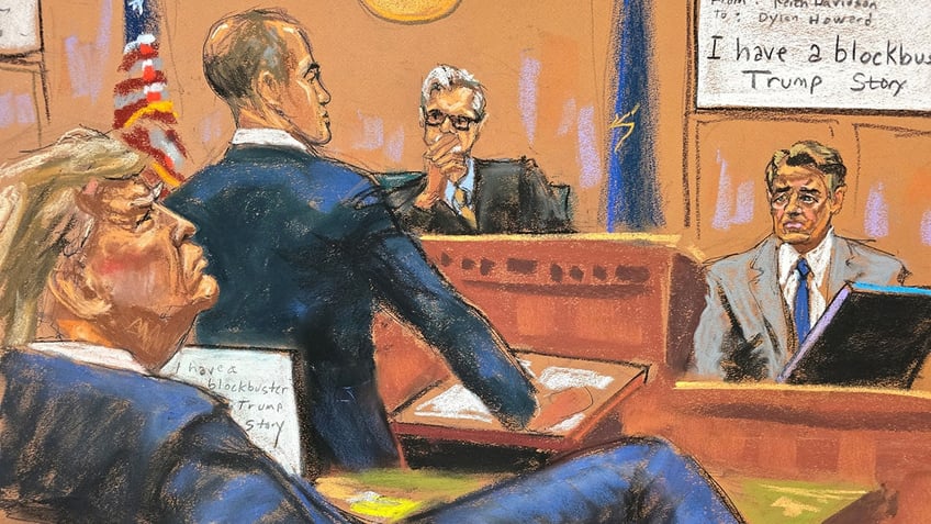 Former U.S. President Donald Trump watches as lawyer Keith Davidson is questioned during Trump's criminal trial