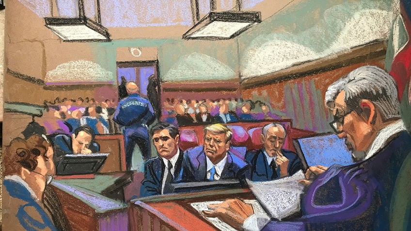 A Trump court sketch depicts the third day of former President Donald Trump’s criminal trial in Manhattan Criminal Court