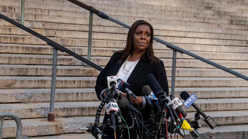 New York AG Letitia James at outdoor press conference