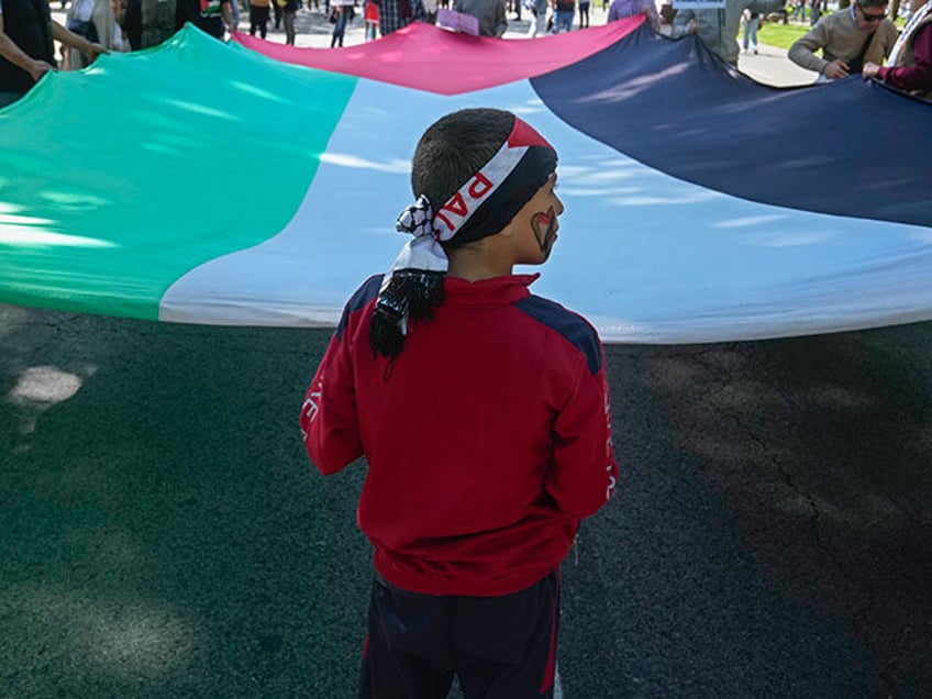 A young boy helps to carry a large Palestinian flag during a demonstration to show solidar
