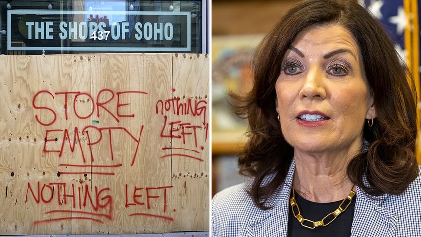 split of boarded up business in New York and Gov. Kathy Hochul