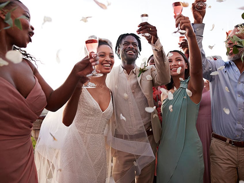 Flower leaves falling on cheerful just married couple and guests - stock photo