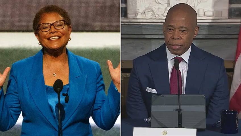 Los Angeles Mayor Karen Bass and New York City Mayor Eric Adams split image