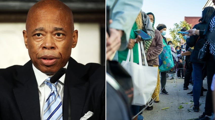 Eric Adams speaking and residents in line for a food pantry in the Bronx in 2022