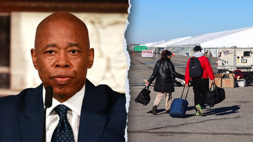 NYC Mayor Eric Adams and migrants entering a shelter