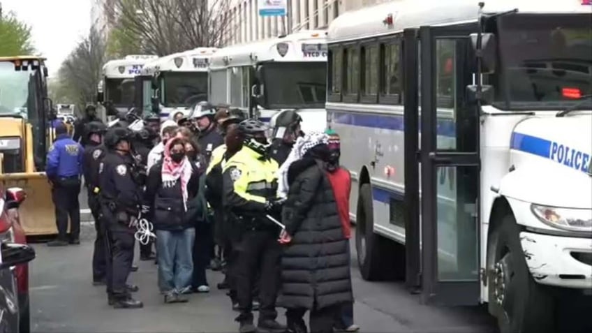 protesters being loaded onto buses