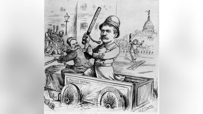 New York Police Commissioner Theodore Roosevelt (1858-1919), with facial hair, waves his truncheon from a patrol cart in a cartoon, from May 8, 1895, drawn by G.Y. Coffin for The Washington Post. (MPI/Getty Images)