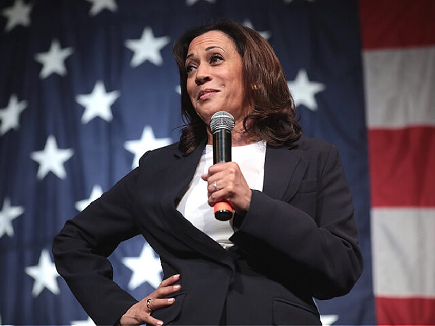 U.S. Senator Kamala Harris speaking with attendees at the 2019 Iowa Democratic Wing Ding a