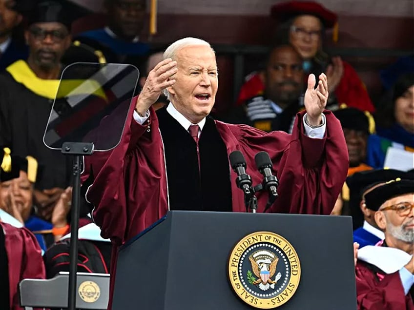 U.S. President Joe Biden speaks onstage during the 2024 140th Morehouse College Commencement Ceremony at Morehouse College on May 19, 2024 in Atlanta, Georgia. (Photo by Paras Griffin/WireImage)