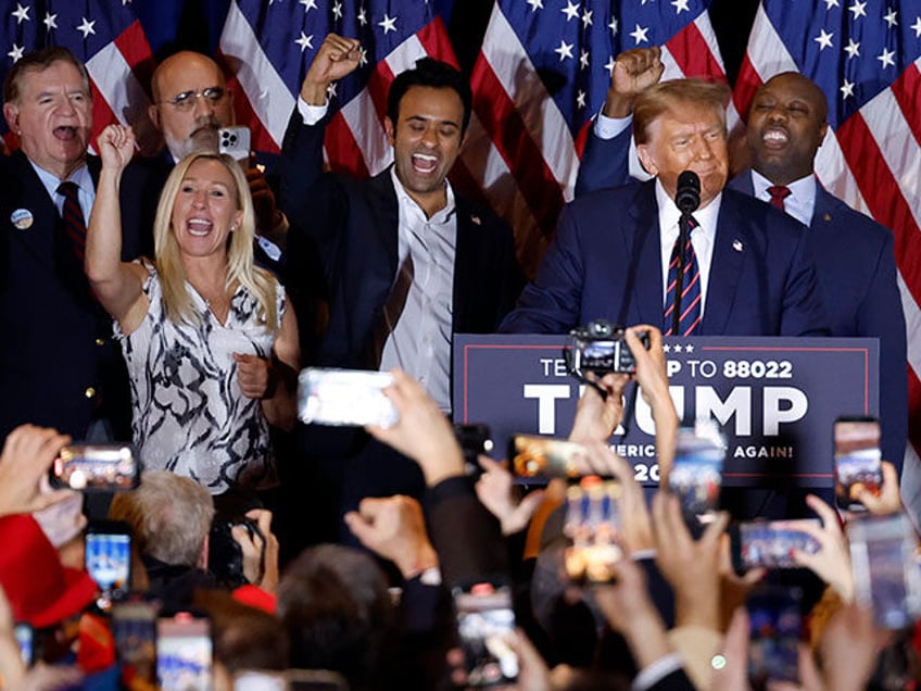 Nashua, NH - January 23: Former President Donald Trump speaks to his supporters after his win at a New Hampshire Primary night watch party. (Photo by Danielle Parhizkaran/The Boston Globe via Getty Images)