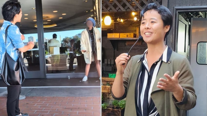 Oakland City Council candidate Charlene Wang confronts a homeless woman who allegedly stole a bag of cash, left, and Wang speaking, right.