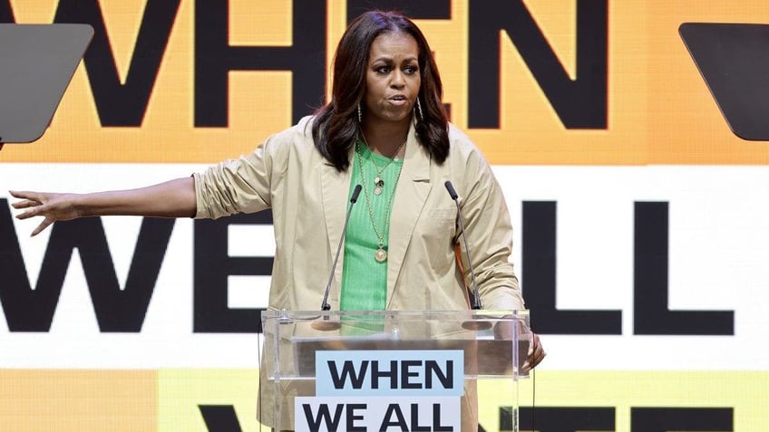 Michelle Obama at lectern at event