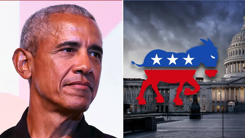 Obama at left; US Capitol with Democratic donkey logo, right