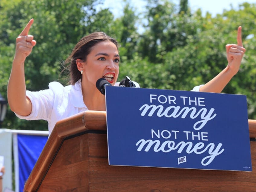 Sen. Bernie Sanders, Rep. Alexandria Ocasio-Cortez and Rep. Jamaal Bowman participate in a