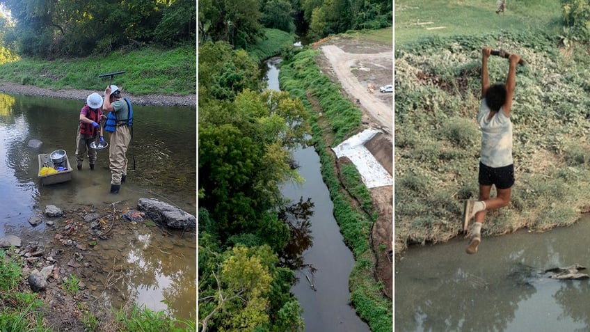 split photos of officials testing a creek, the creek from an aerial view, children playing and swinging into creek