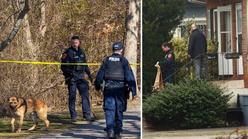 Police canine unit searching, police leaving a home