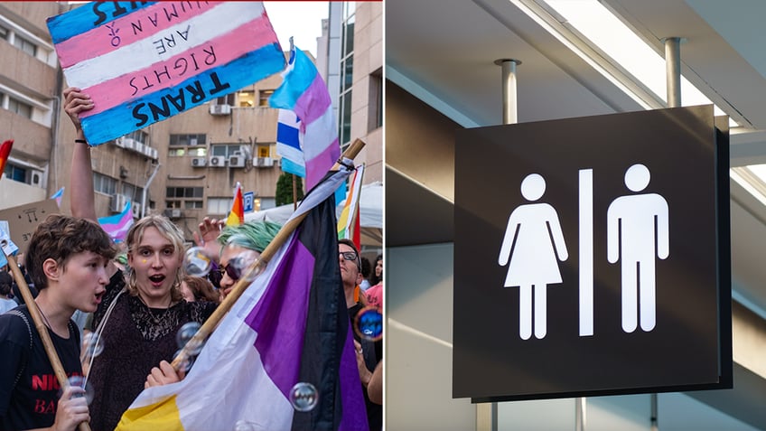 trans protesters, left; bathroom sign, right