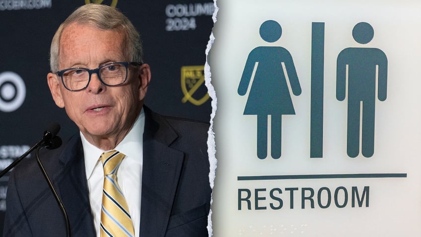 Mike DeWine and restroom sign