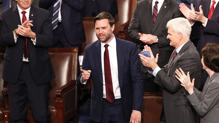 Vice President-elect JD Vance (R-OH) reacts after the Electoral College vote was ratified during a joint session of Congress to ratify the 2024 presidential election at the U.S. Capitol on Jan. 6, 2025 in Washington, D.C.