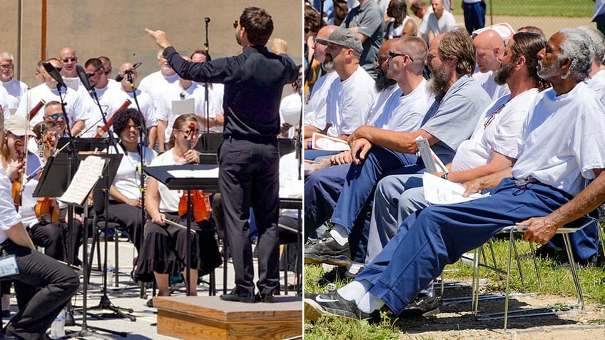 split of man conducting and other men watching