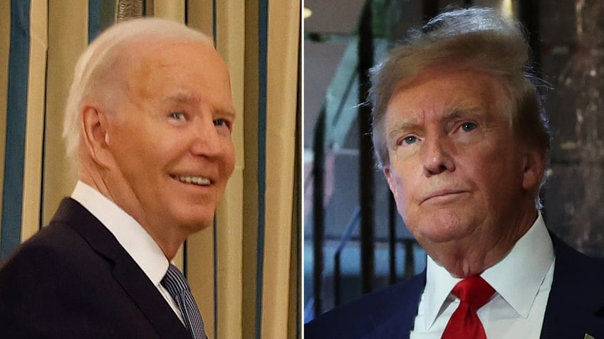 left-right photo split of President Biden and former President Trump, respectively