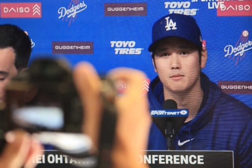 A screen grab of Los Angeles Dodgers ace Shohei Ohtani delivering a statement in his first