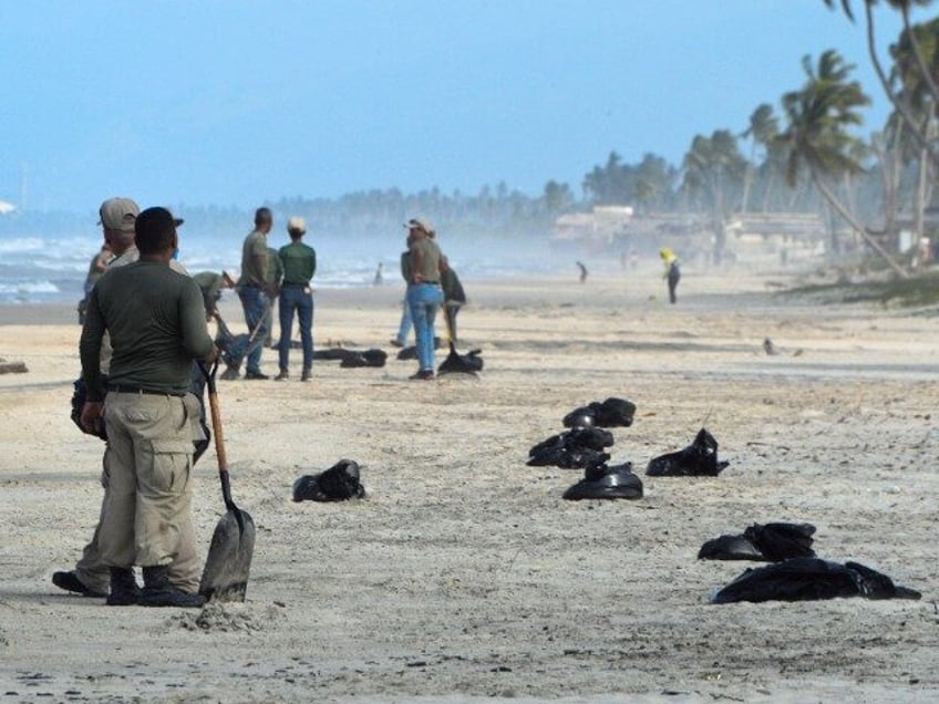 TOPSHOT - Members of the National Parks Institute (INPARQUES) collect oil residues at the