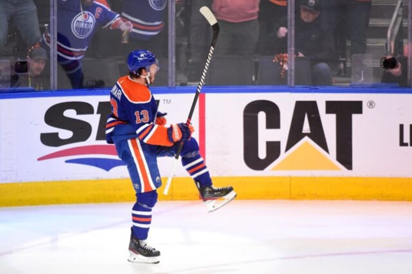 Edmonton's Mattias Janmark celebrates after scoring against the Dallas in Wednesday's seri