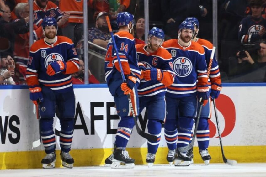 Connor McDavid celebrates after scoring for Edmonton in their Stanley Cup game four rout o