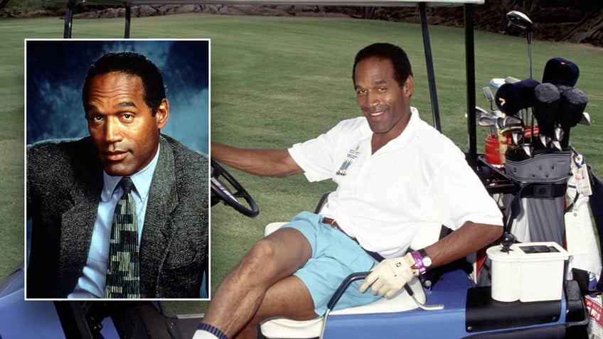 OJ Simpson sits in a golf cart and poses for portrait in Naked Gun.