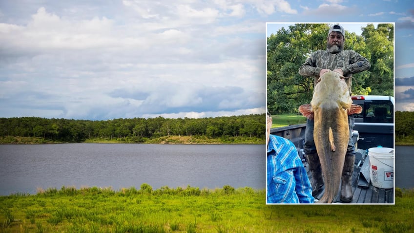 Split image of reservoir and catfish