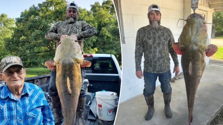 Split image of fisher with catfish