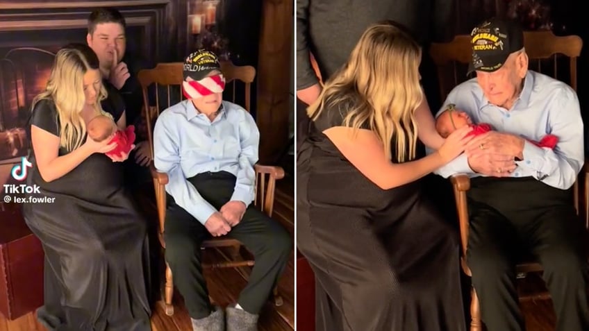 WWII vet holding great-great-granddaughter split