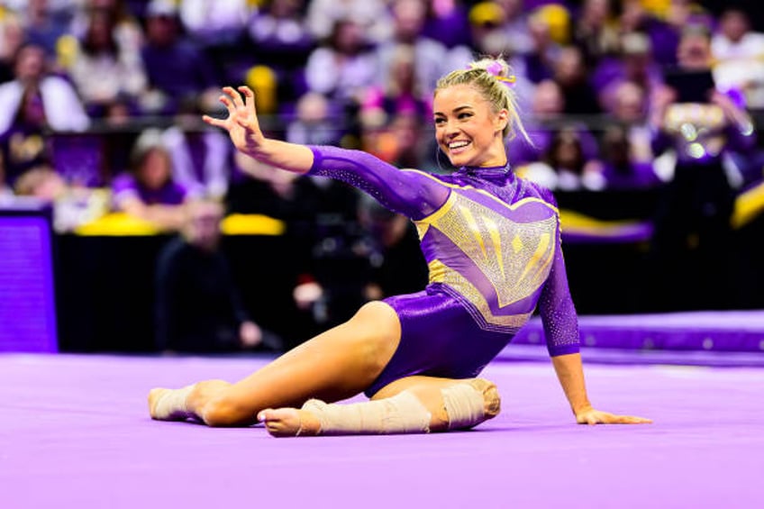 Olivia Dunne of the LSU Tigers in action during a meet against the Florida Gators on January 17, 2025 at the Pete Maravich Assembly Center in Baton...