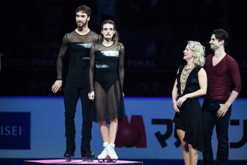 France's Gabriella Papadakis (2nd L) jokes with Guillaume Cizeron (L), and US pair Madison