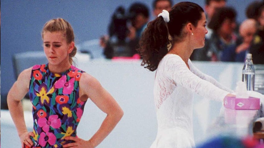 Nancy Kerrigan and Tonya Harding avoiding one another on the ice