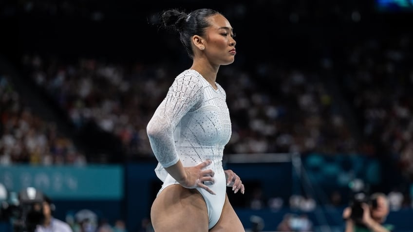 Sunisa Lee after failing on women's balance beam on day 10 of the Olympic Games Paris 2024 at Bercy Arena on August 5, 2024 in Paris, France. 