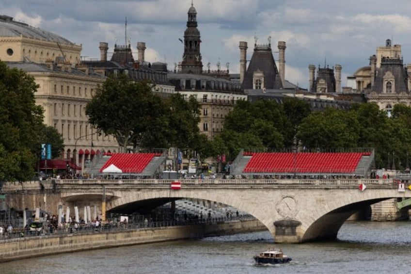 Temporary stands on the Pont au Change on the route of the Olympic Games opening ceremony