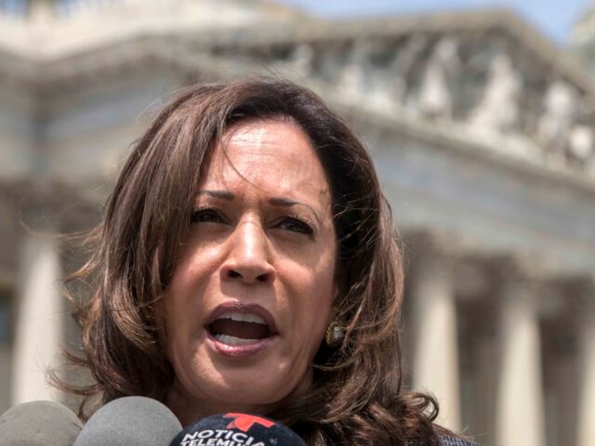 Sen. Kamala Harris, D-Calif., joins an women's advocacy group, MomsRising, to protest