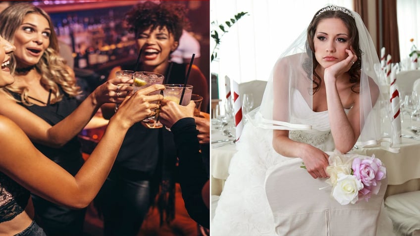 Women cheersing at a bar split with a bride looking sad.