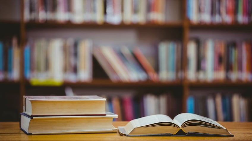 Books on desk in library at the elementary school